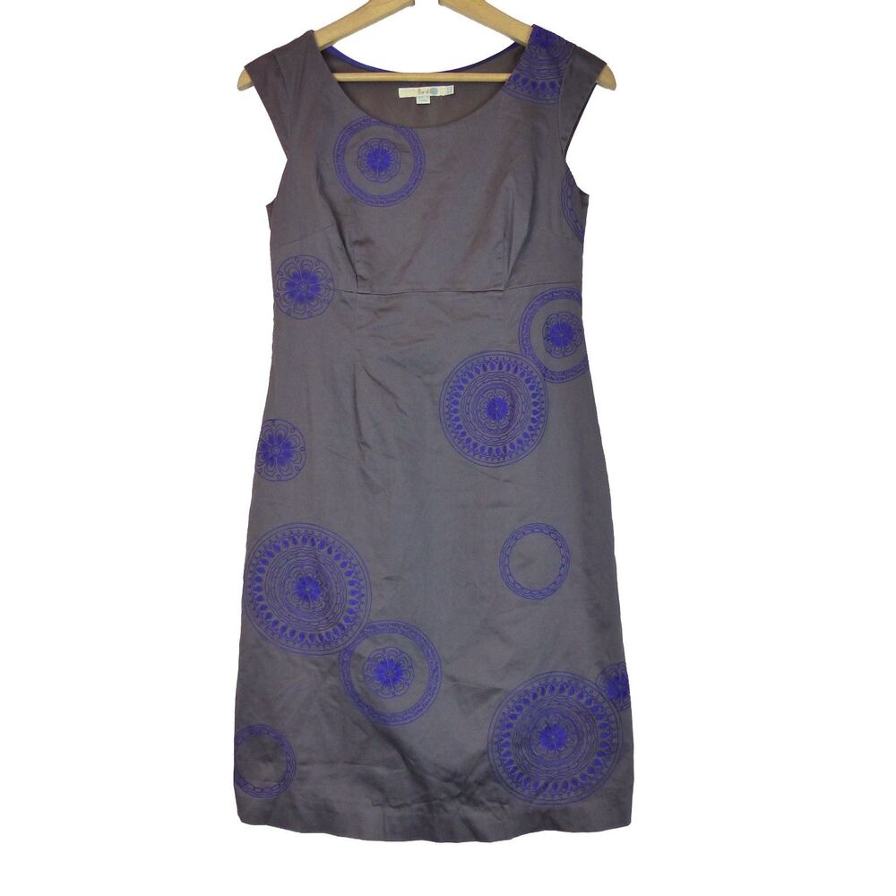 Boden Embroidered Sheath Dress Womens US 8 Gray Purple Medallion Artsy Boho